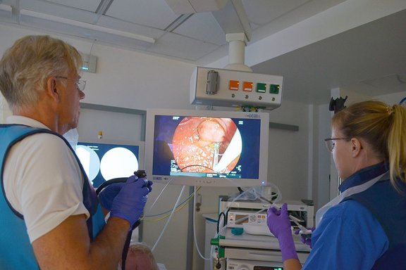 Ein Arzt und eine weitere medizinische Fachkraft sthen im Untersuchungsraum vor dem Monitor
