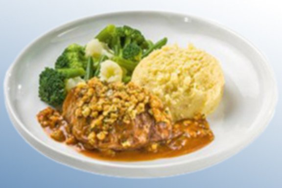 Tellergericht: Kalbssteak mit Senfkruste, Polenta und Gemüsemischung