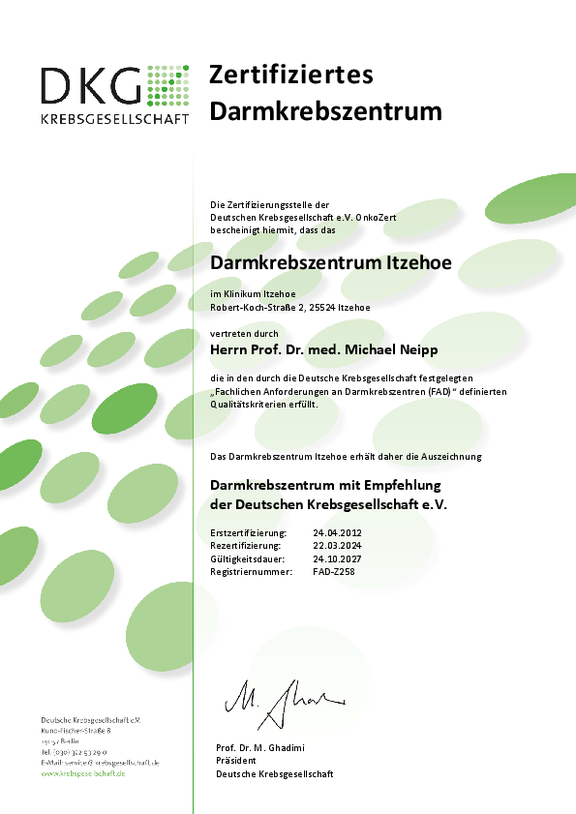 Öffnet das Zertifikat der Deutschen Krebsgesellschaft nach deren Anforderungen für das Darmkrebszentrum Itzehoe