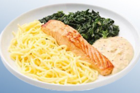 Tellergericht: Lachs in Dijon-Senfsoße mit Trüffel, Linguine und Blattspinat