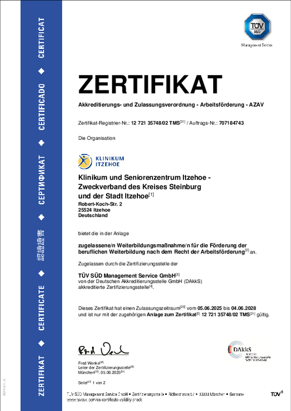 Öffnet das Zertifikat des TÜV SÜD nach den Anforderungen der AZAV als zugelassene Weiterbildungsmaßnahme für die Förderung der beruflichen Weiterbildung nach dem Recht der Arbeitsförderung
