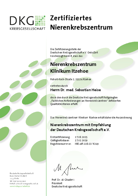 Öffnet das Zertifikat der Deutschen Krebsgesellschaft nach deren Anforderungen für das Nierenkrebszentrum Klinikum Itzehoe