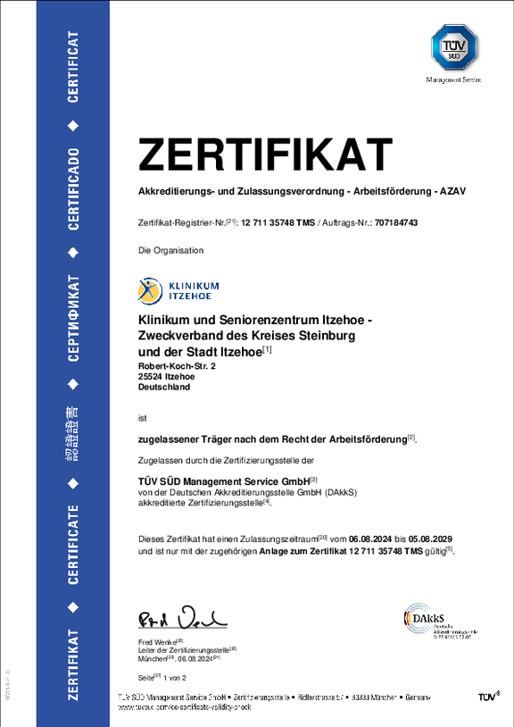 Öffnet das Zertifikat des TÜV SÜD nach den Anforderungen der AZAV als zugelassener Träger nach dem Recht der Arbeitsförderung