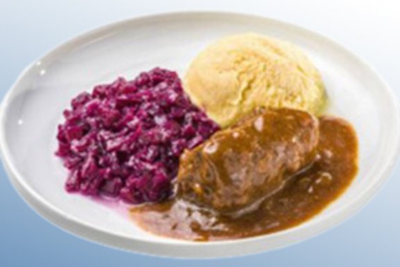 Tellergericht: Rinderroulade in dunkler Soße mit Rotkohl und Kartofelpüree
