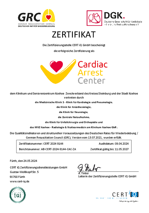 Öffnet das Zertifikat on CertIQ nach den Anforderungen des Deutschen Rates für Wiederbelebung und der Deutschen Gesellschaft für Kardiologie für das Cardiac Arrest Center, gültig bis zum 11.05.2027