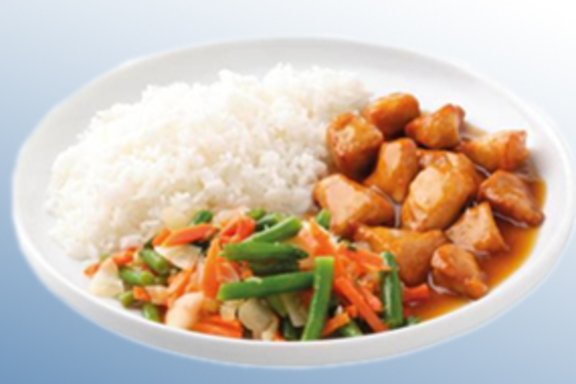 Tellergericht: Hähnchen "Teriyaki" in Sojasoße mit Reis und asiatischer Gemüsemischung