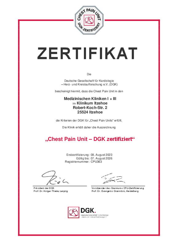 Öffnet das Zertifikat für die Chest Pain Unit