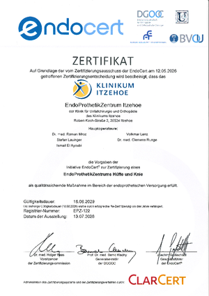 EndoCert-Zertifikat EndoProthetikZentrum Hüfte und Knie 07/2026 - 08/2029