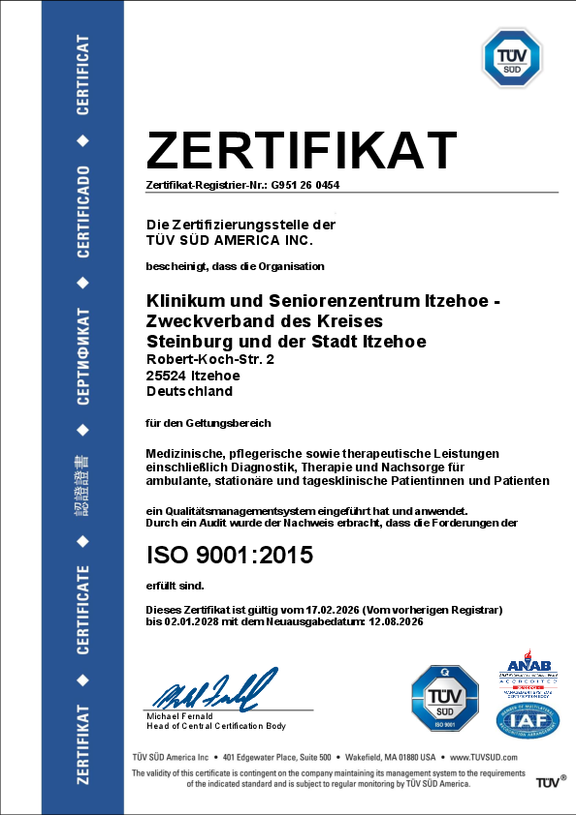 Öffnet das Zertifikat des TÜV SÜD nach den Anforderungen der DIN EN ISO 9001:2015 für das Klinikum und Seniorenzentrum Itzehoe
