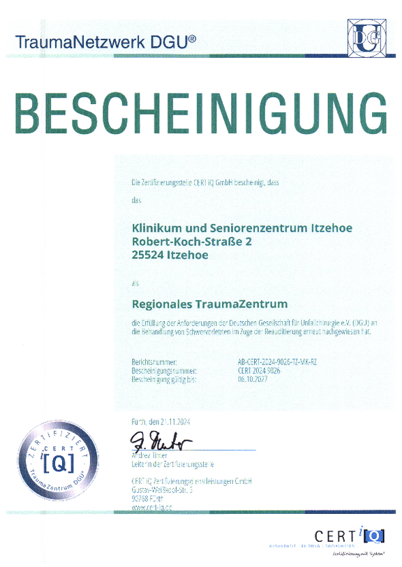 Öffnet das Zertifikat von CertIQ nach den Anforderungen des TraumaNetzwerkes DGU für das Regionale TraumaZentrum