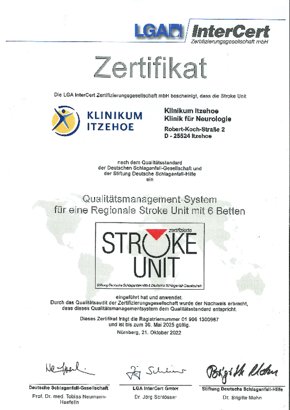 Öffnet das Zertifikat von LGA InterCert nach den Anforderungen der Deutschen Schlaganfall-Gesellschaft und der Stiftung Deutsche Schlaganfall-Hilfe für die Stroke Unit