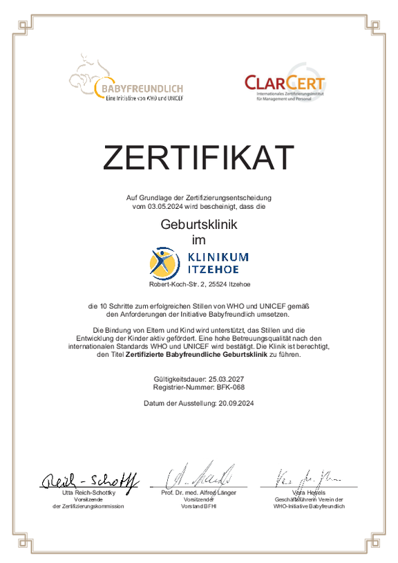 Öffnet das Zertifikat Zertifikat von ClarCert nach den Anforderungen der Initiative Babyfreundlich für die Zertifizierte Babyfreundliche Geburtsklinik, gültig bis zum 25.03.2027