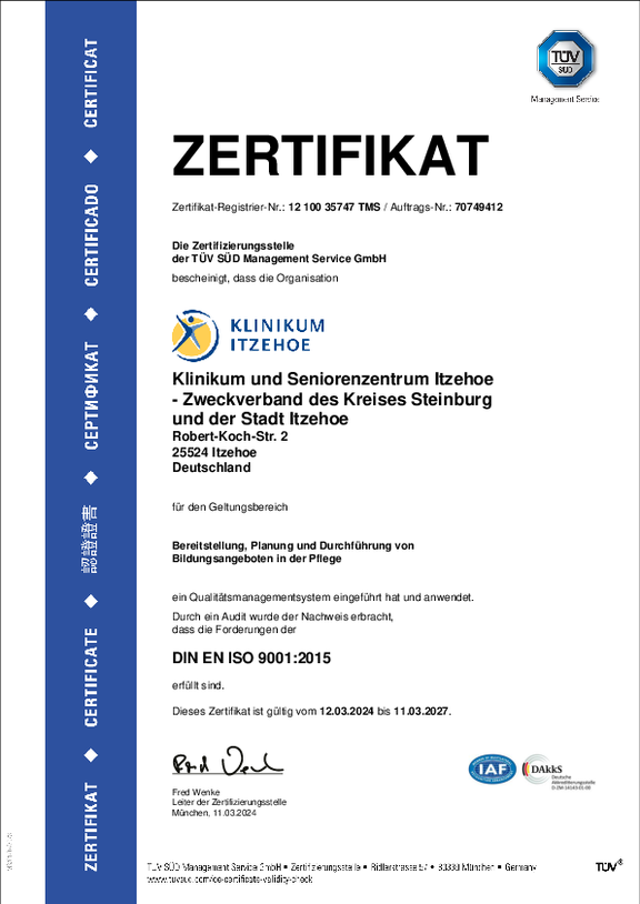 Öffnet das Zertifikat des TÜV SÜD nach den Anforderungen der DIN EN ISO 9001:2015 für den Geltungsbereich Bereitstellung, Planung und Durchführung von Bildungsangeboten in der Pflege