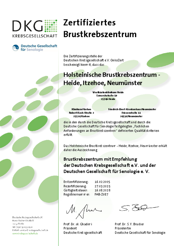 Öffnet das Zertifikat der Deutschen Krebsgesellschaft nach deren Anforderungen für das Holsteinische Brustzentrum, gültig bis zum 16.08.2028