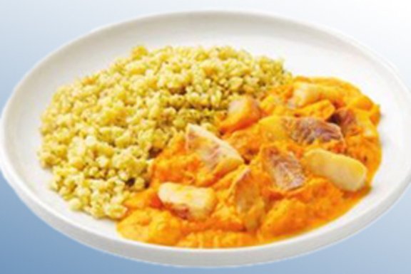Tellergericht: Seelachs mit Karotten-Ingwer-Soße, dazu Bulgur-Brokkoli Mix