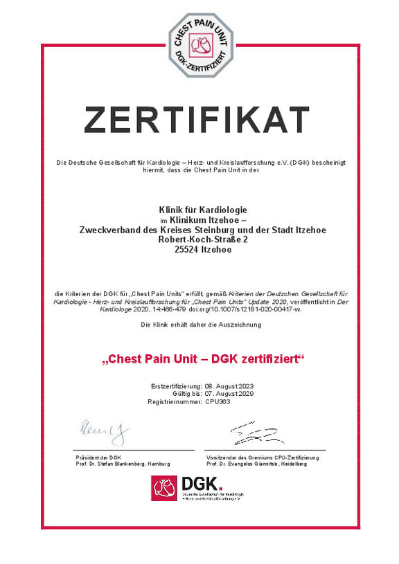 Öffnet das Zertifikat für die Chest Pain Unit