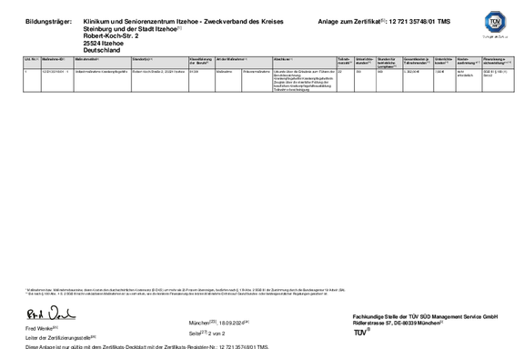 Öffnet die Anlage zum Zertifikat des TÜV SÜD nach den Anforderungen der AZAV als zugelassene Weiterbildungsmaßnahme für die Förderung der beruflichen Weiterbildung nach dem Recht der Arbeitsförderung