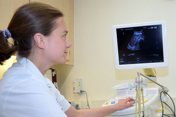 Eine Ärztin schaut während einer Sonographie auf einen Bildschirm